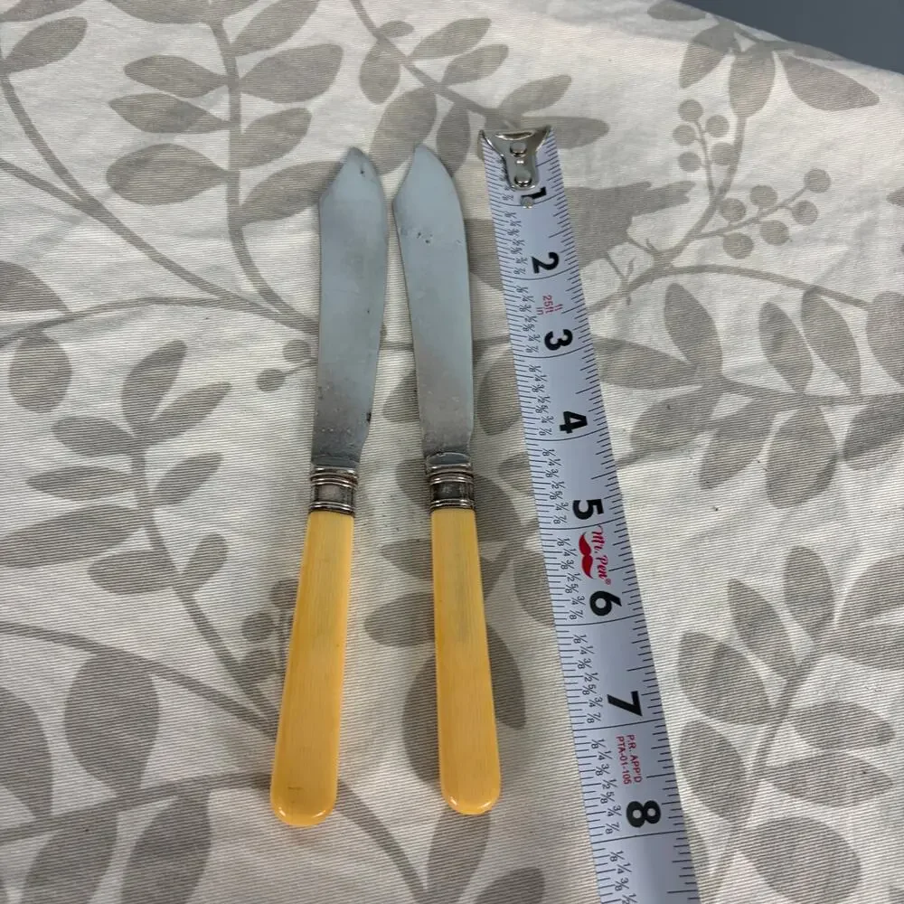 Vintage EPNS Luncheon Cheese Knives Set 2 Faux Bone Cream Handles